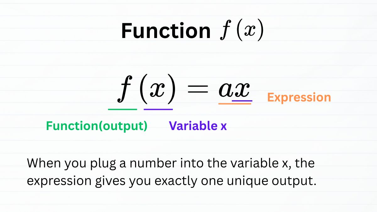 Diagram showing a function f(x) = ax with labeled parts: output, variable, and expression.