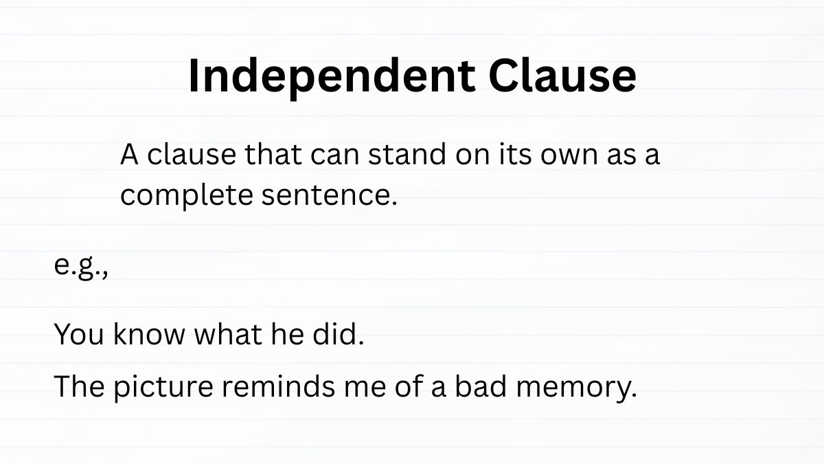 An educational slide explaining an independent clause as a clause that can stand on its own as a complete sentence. Example sentences: “You know what he did.” and “The picture reminds me of a bad memory.”