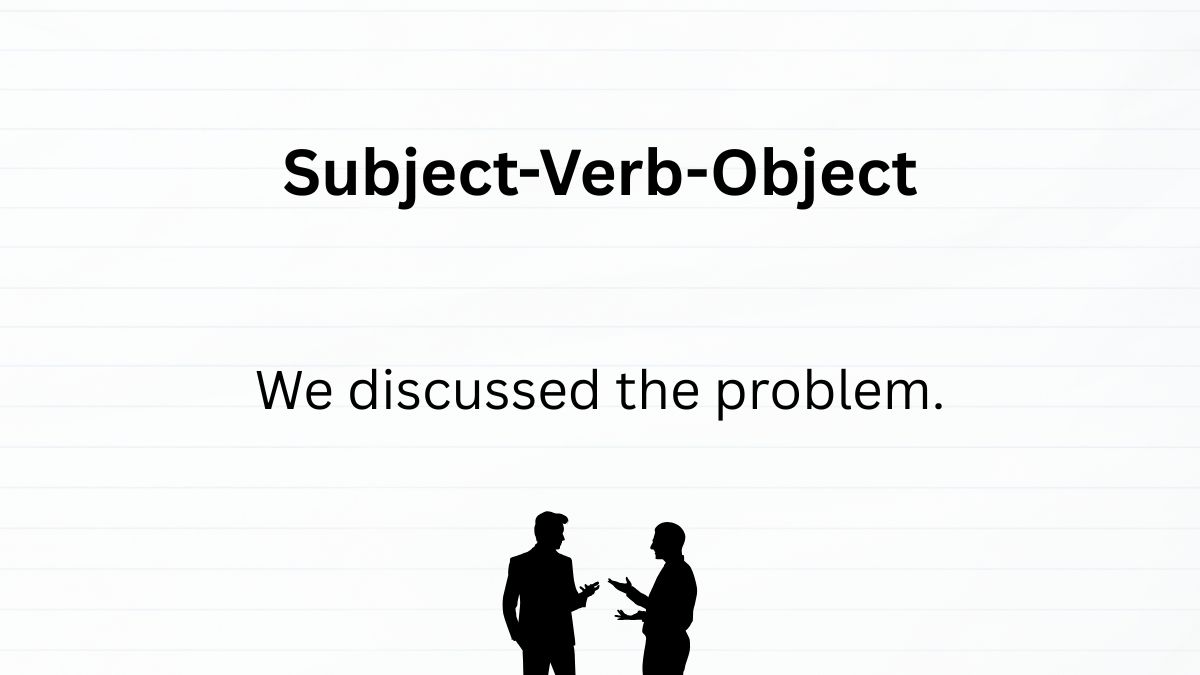 Alt text: A slide titled "Subject-Verb-Object." It shows the example sentence: "We discussed the problem." Two silhouettes of people talking appear at the bottom.