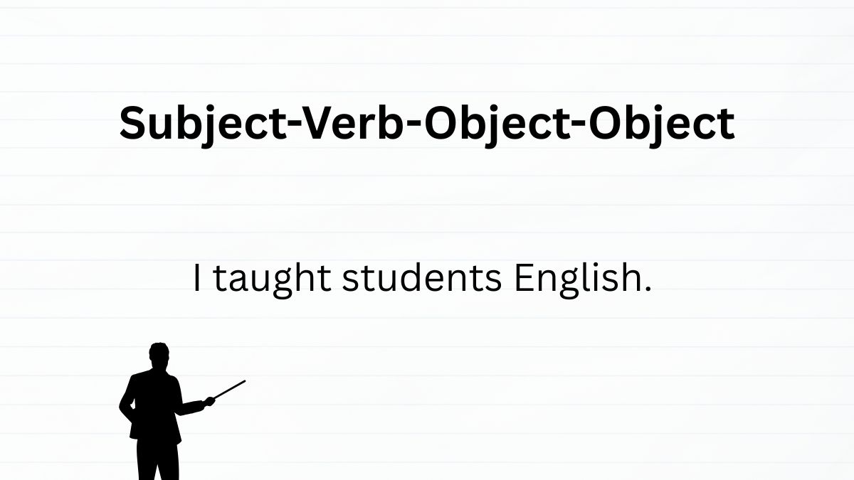 A slide titled "Subject-Verb-Object-Object." It shows the example sentence: "I taught students English." A silhouette of a teacher with a pointer is shown on the left.