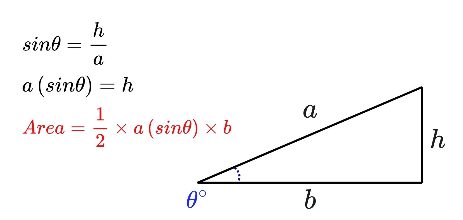 A triangle labeled X, Y, Z. The base XY is 24 units long. Side XZ is 19 units long. Angle X measures 53 degrees. An altitude is drawn from point Z perpendicular to side XY. The area of triangle XYZ is calculated as (1/2) × 24 × (19 × sin 53°) = 228 sin 53°.